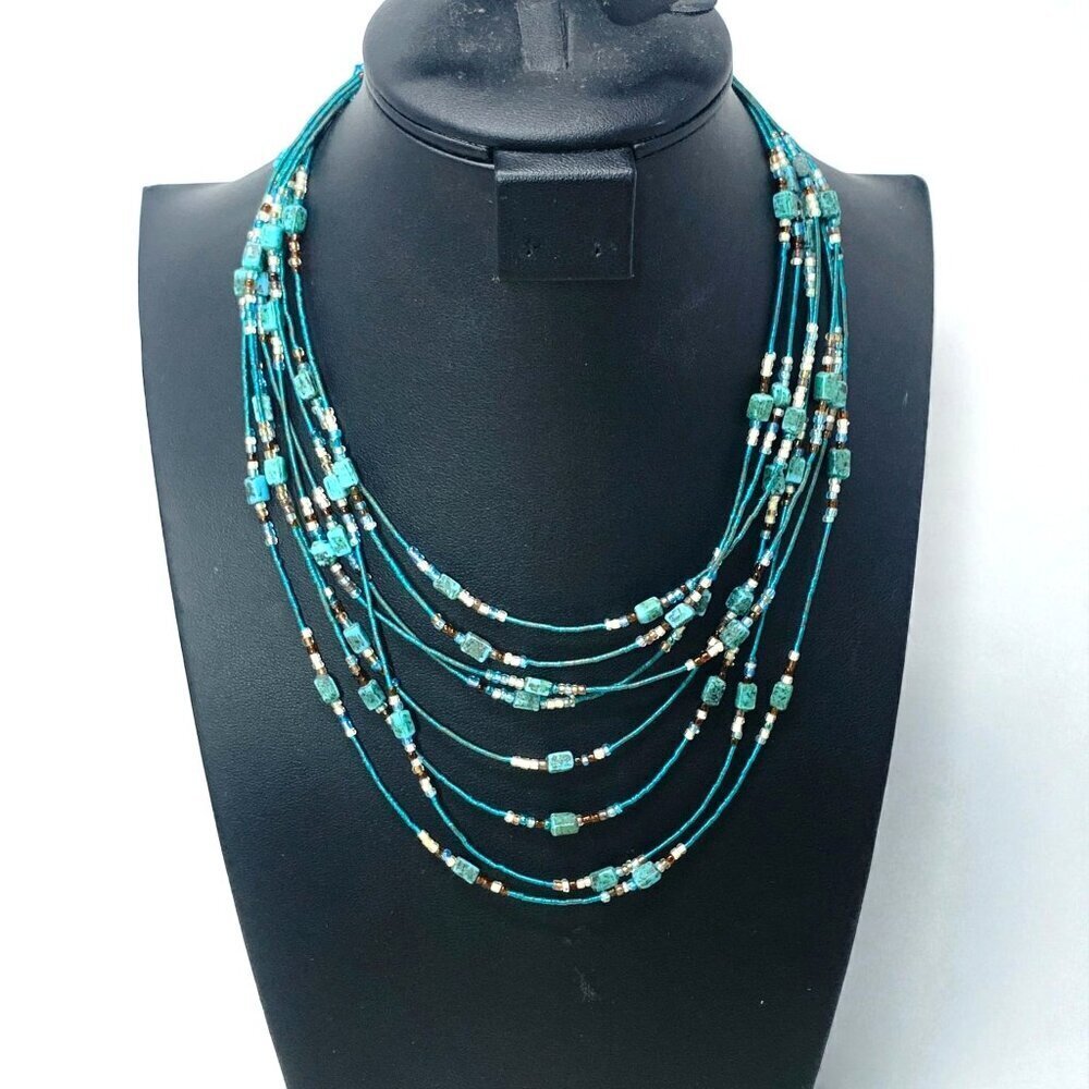 Multi-Strand Beaded Necklace With Adjustable Clasp 15" Turquoise/Brown/Gold